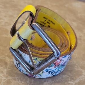 Ed Hardy Genuine Leather Yellow Floral Belt w Silver Buckle & Clear Rhinestones